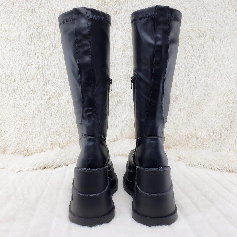 Stretch Platform Wedge Heel Knee Boots Goth Punk - Picture 5 of 9